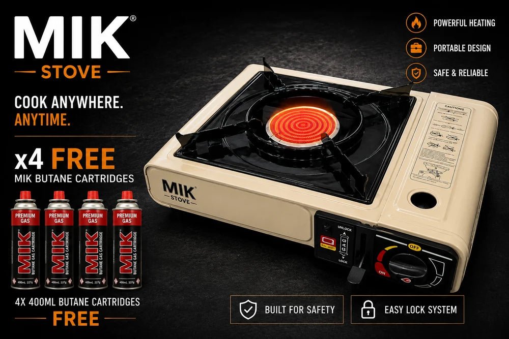 MIK Portable Beige Butane Gas Stove Kit + 4 FREE Butane Cartridges - MIK COCO