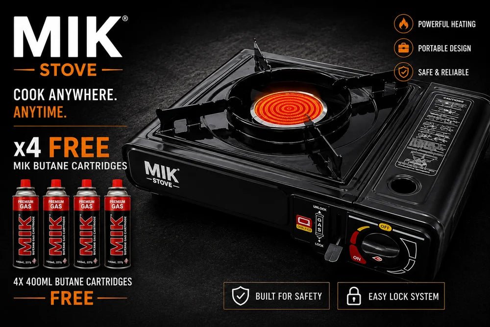 MIK Portable Black Butane Gas Stove Kit + 4 FREE Butane Cartridges - MIK COCO