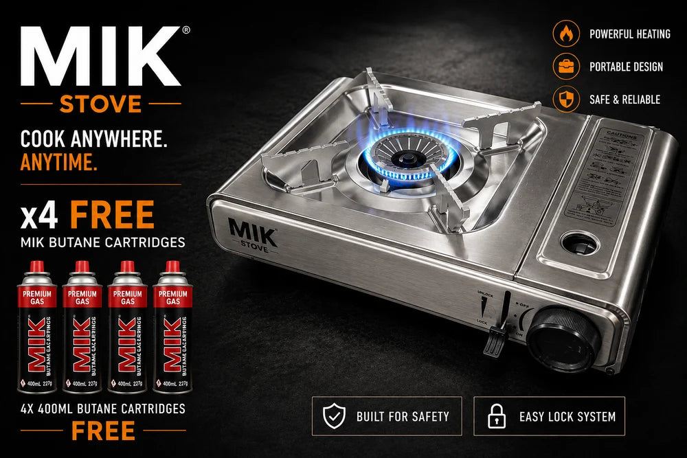 A portable single-burner gas stove branded MIK STOVE, shown lit with a blue flame on a dark textured background. The ad includes promotional text, four free butane cartridges, and feature icons such as powerful heating, portable design, and safe & reliable.